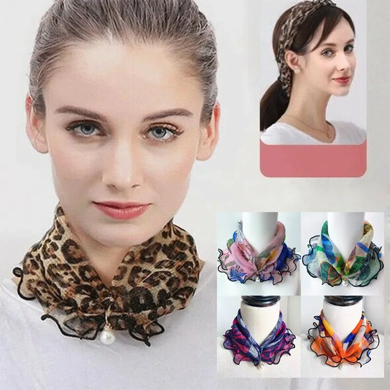 Pearl Pendant Scarf Necklace Vintage Leopard Pattern Dot Printing Scarf Trendy Crimping Elastic Women All-Match Scarves