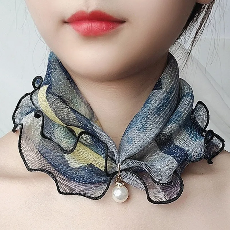 Pearl Pendant Scarf Necklace Vintage Leopard Pattern Dot Printing Scarf Trendy Crimping Elastic Women All-Match Scarves