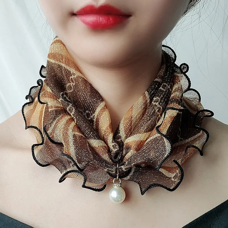 Pearl Pendant Scarf Necklace Vintage Leopard Pattern Dot Printing Scarf Trendy Crimping Elastic Women All-Match Scarves