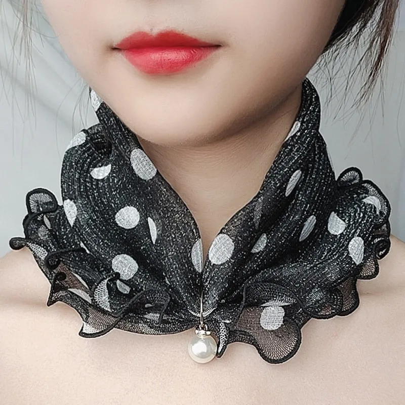 Pearl Pendant Scarf Necklace Vintage Leopard Pattern Dot Printing Scarf Trendy Crimping Elastic Women All-Match Scarves