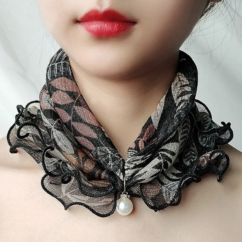 Pearl Pendant Scarf Necklace Vintage Leopard Pattern Dot Printing Scarf Trendy Crimping Elastic Women All-Match Scarves