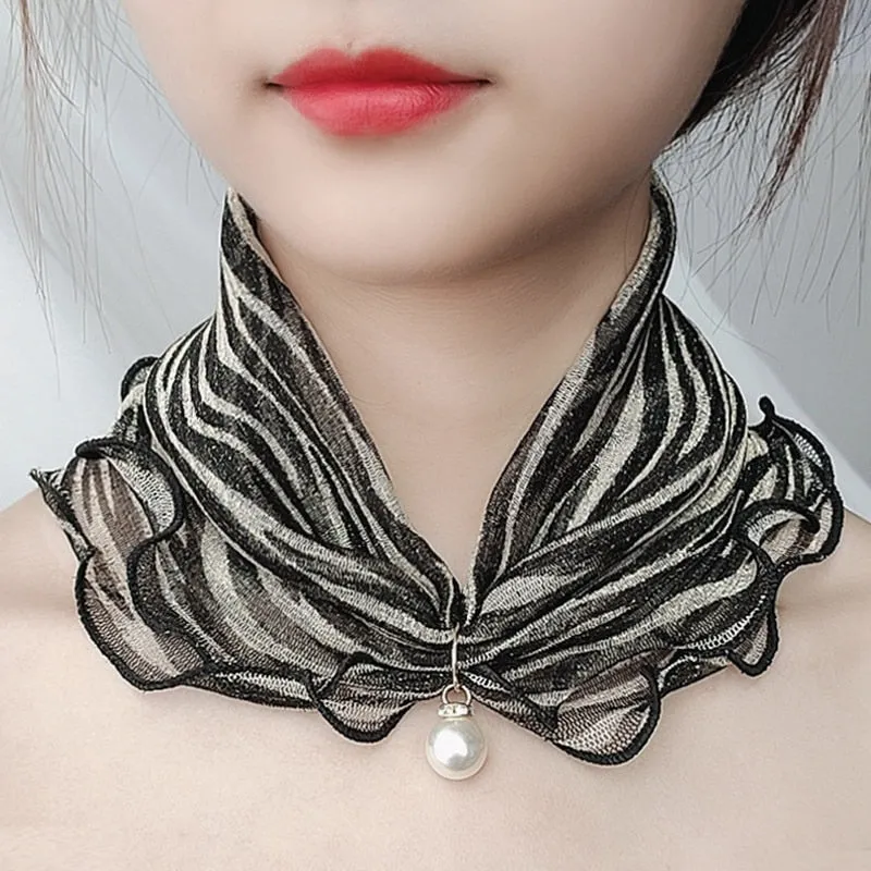 Pearl Pendant Scarf Necklace Vintage Leopard Pattern Dot Printing Scarf Trendy Crimping Elastic Women All-Match Scarves