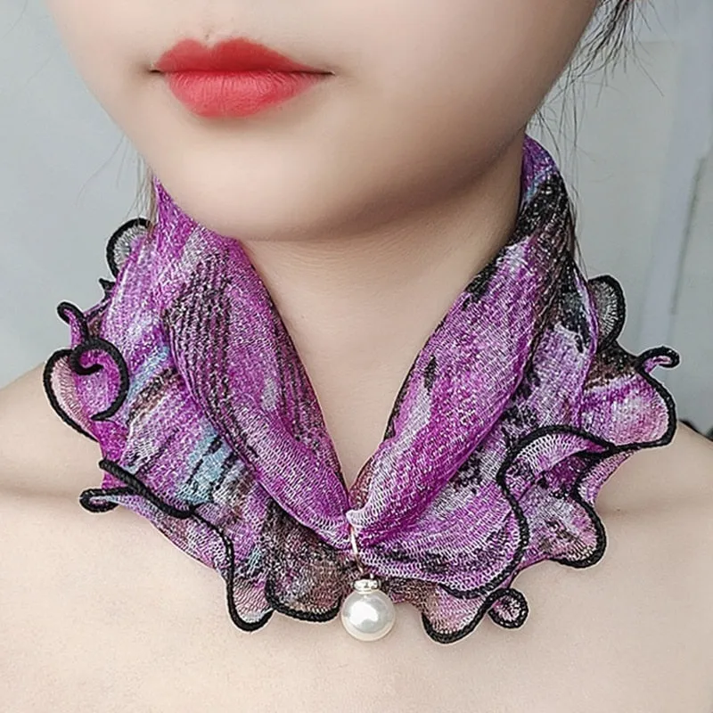 Pearl Pendant Scarf Necklace Vintage Leopard Pattern Dot Printing Scarf Trendy Crimping Elastic Women All-Match Scarves