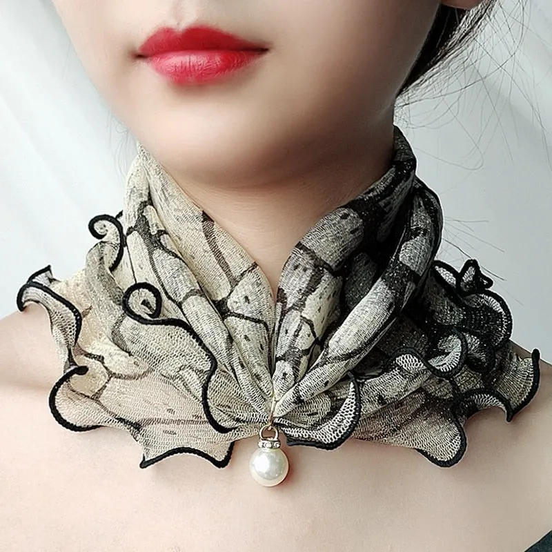 Pearl Pendant Scarf Necklace Vintage Leopard Pattern Dot Printing Scarf Trendy Crimping Elastic Women All-Match Scarves