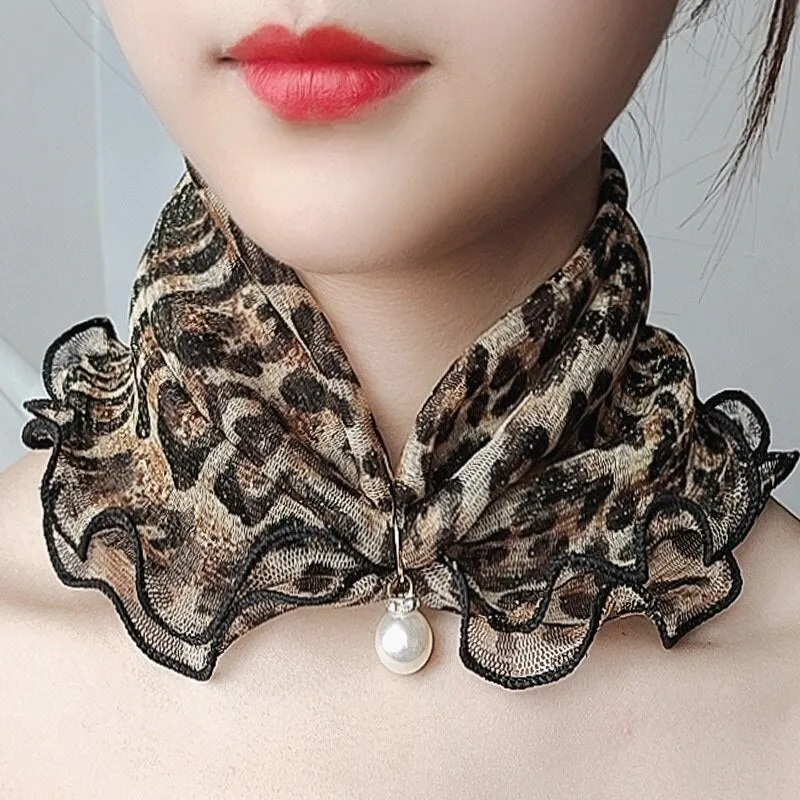 Pearl Pendant Scarf Necklace Vintage Leopard Pattern Dot Printing Scarf Trendy Crimping Elastic Women All-Match Scarves