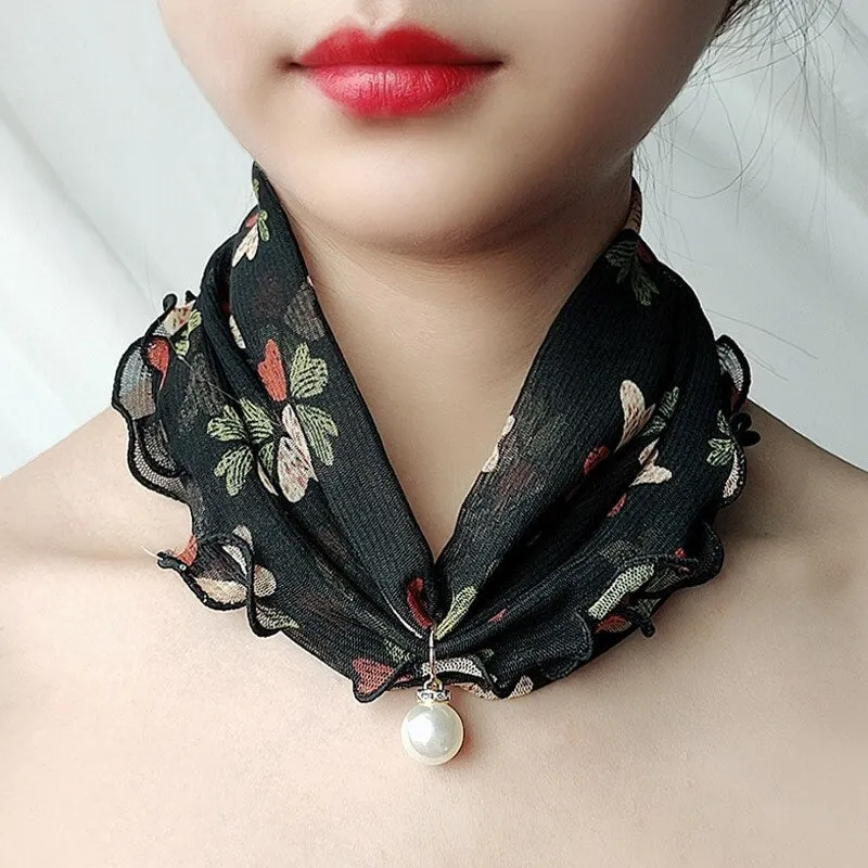 Pearl Pendant Scarf Necklace Vintage Leopard Pattern Dot Printing Scarf Trendy Crimping Elastic Women All-Match Scarves