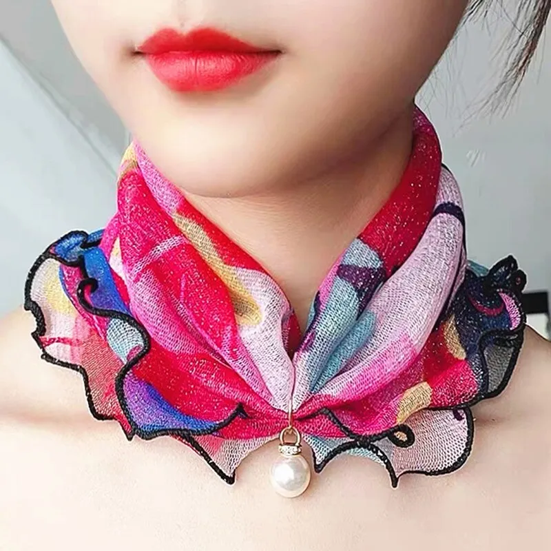 Pearl Pendant Scarf Necklace Vintage Leopard Pattern Dot Printing Scarf Trendy Crimping Elastic Women All-Match Scarves