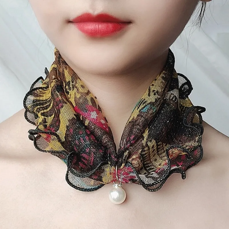 Pearl Pendant Scarf Necklace Vintage Leopard Pattern Dot Printing Scarf Trendy Crimping Elastic Women All-Match Scarves