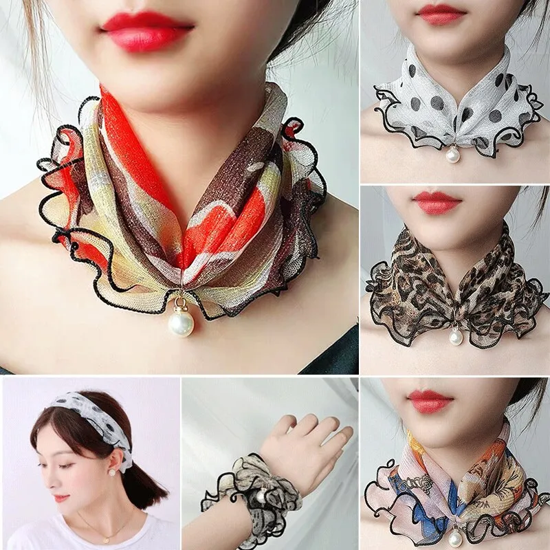 Pearl Pendant Scarf Necklace Vintage Leopard Pattern Dot Printing Scarf Trendy Crimping Elastic Women All-Match Scarves