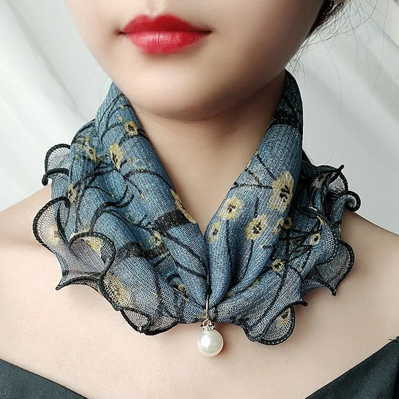 Pearl Pendant Scarf Necklace Vintage Leopard Pattern Dot Printing Scarf Trendy Crimping Elastic Women All-Match Scarves