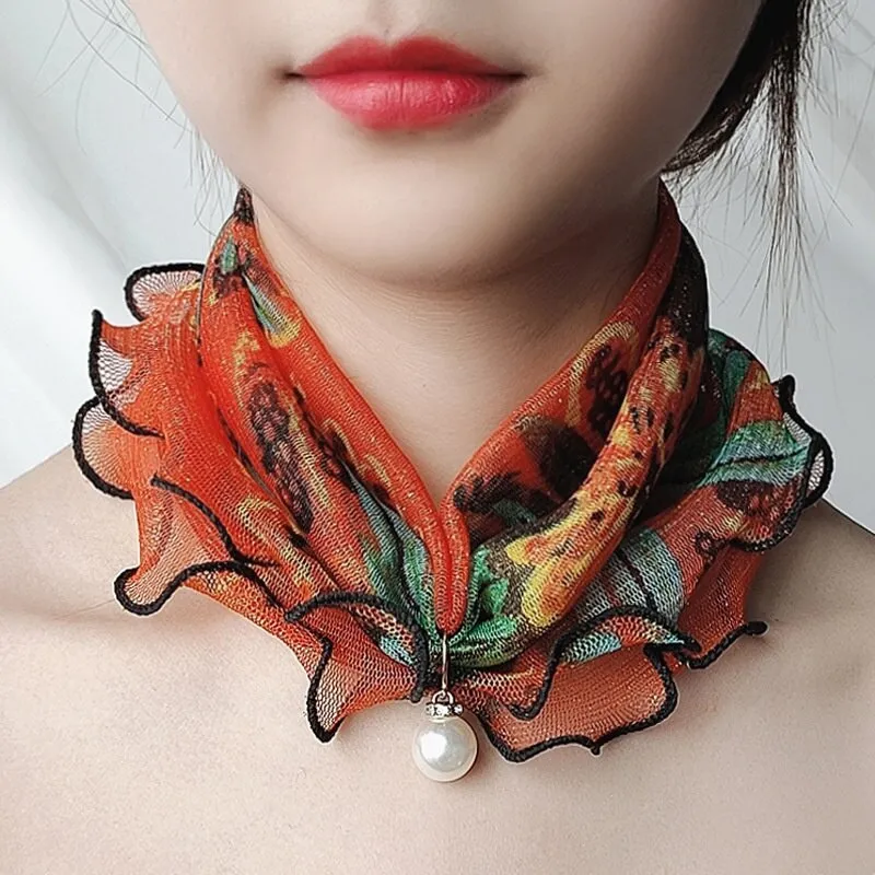 Pearl Pendant Scarf Necklace Vintage Leopard Pattern Dot Printing Scarf Trendy Crimping Elastic Women All-Match Scarves