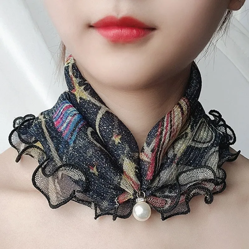 Pearl Pendant Scarf Necklace Vintage Leopard Pattern Dot Printing Scarf Trendy Crimping Elastic Women All-Match Scarves