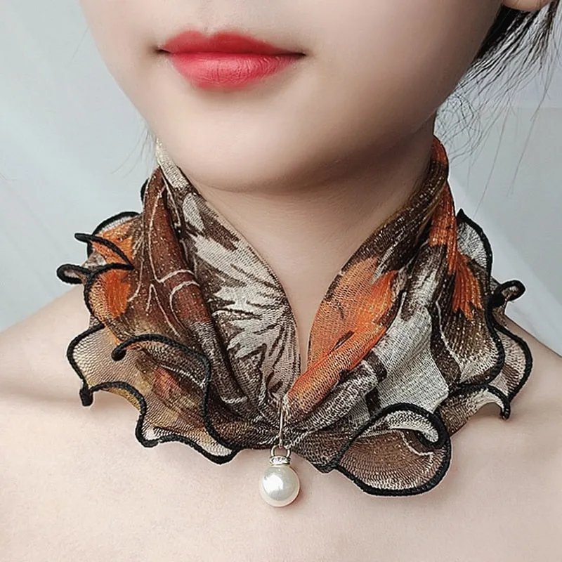 Pearl Pendant Scarf Necklace Vintage Leopard Pattern Dot Printing Scarf Trendy Crimping Elastic Women All-Match Scarves