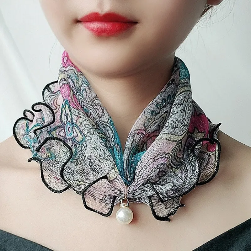 Pearl Pendant Scarf Necklace Vintage Leopard Pattern Dot Printing Scarf Trendy Crimping Elastic Women All-Match Scarves