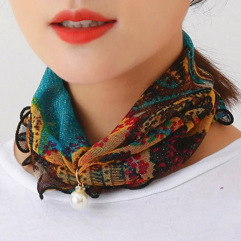 Pearl Pendant Scarf Necklace Vintage Leopard Pattern Dot Printing Scarf Trendy Crimping Elastic Women All-Match Scarves