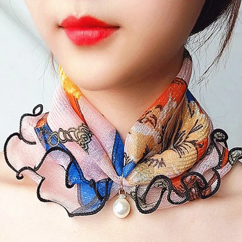 Pearl Pendant Scarf Necklace Vintage Leopard Pattern Dot Printing Scarf Trendy Crimping Elastic Women All-Match Scarves