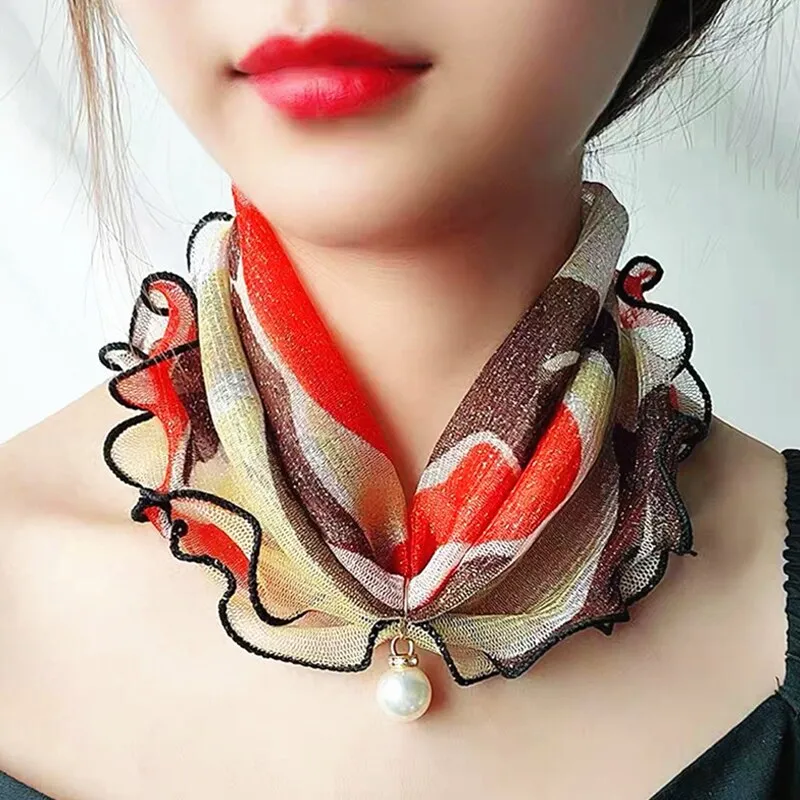 Pearl Pendant Scarf Necklace Vintage Leopard Pattern Dot Printing Scarf Trendy Crimping Elastic Women All-Match Scarves