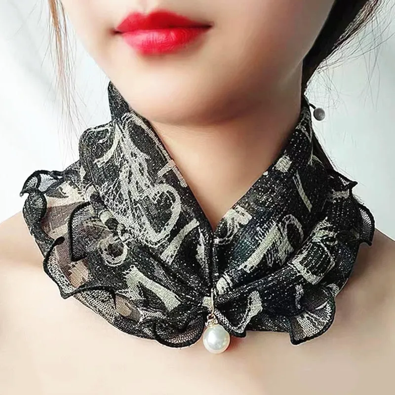 Pearl Pendant Scarf Necklace Vintage Leopard Pattern Dot Printing Scarf Trendy Crimping Elastic Women All-Match Scarves