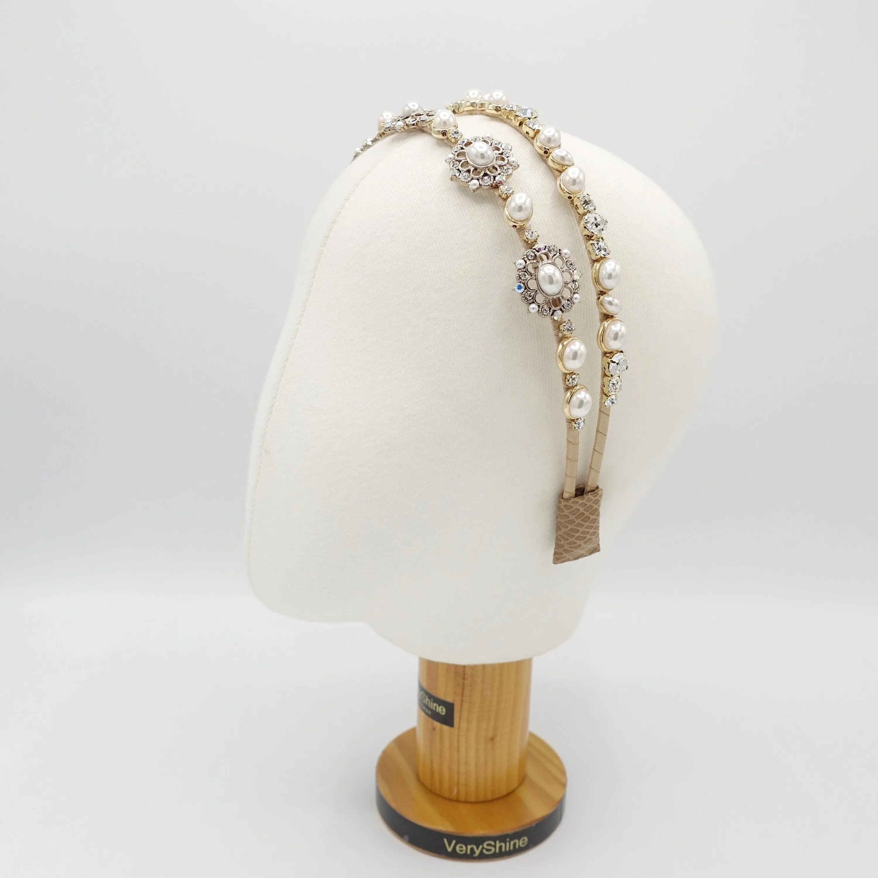 pearl rhinestone double headband antique style jewel hairband for women