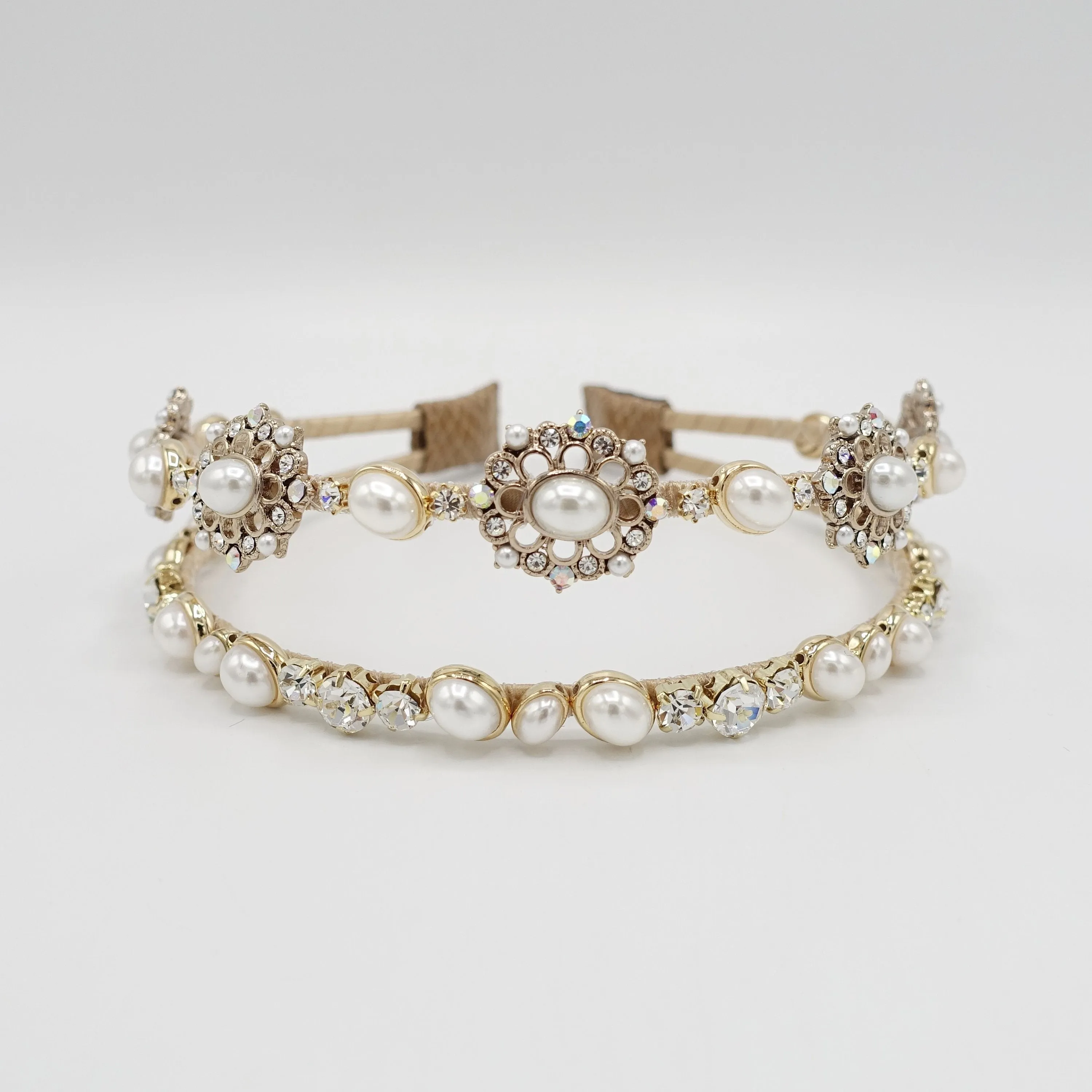 pearl rhinestone double headband antique style jewel hairband for women