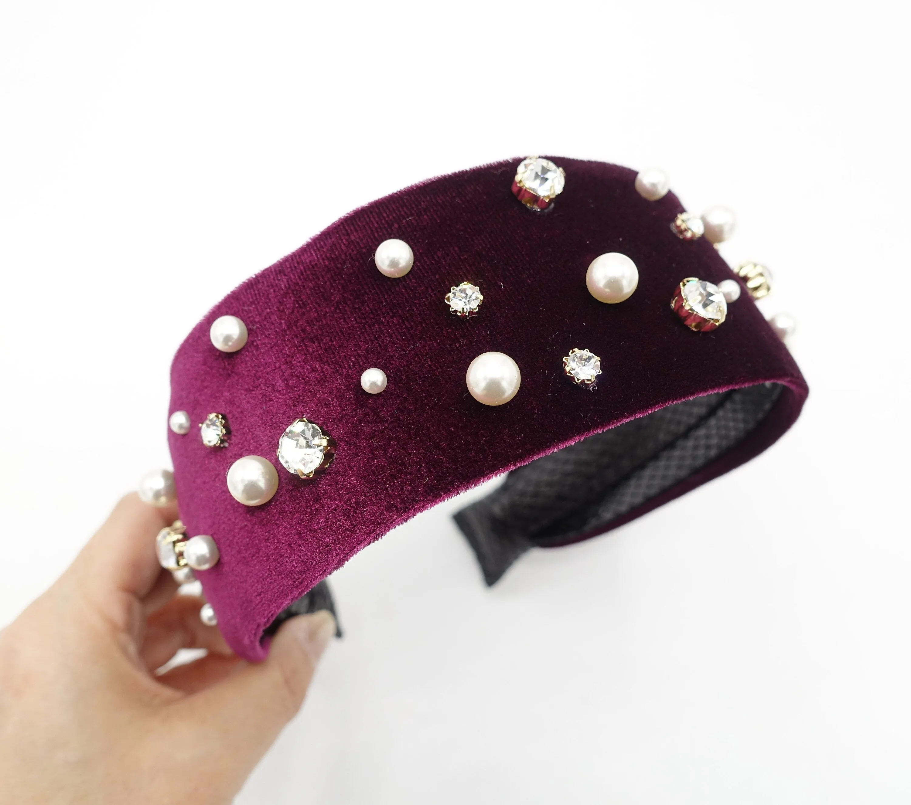 pearl rhinestone flat velvet headband embellished hairband for women