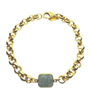 Plated Gold Chain & Rectangular Stone Bracelet: Aquamarine (BCG7080AQ)