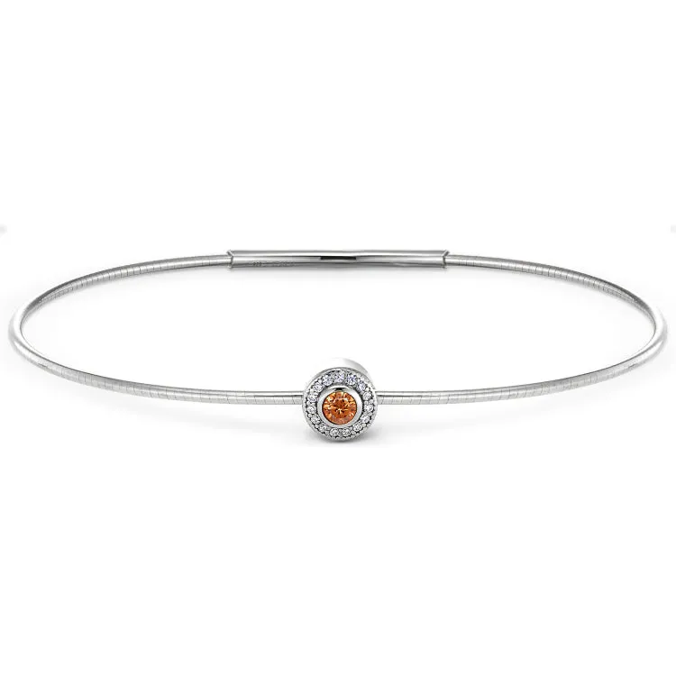 Platinum Finish Sterling Silver Round Simulated Citrine Birth Gem Bracelet with Simulated Diamonds