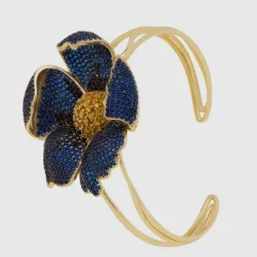 Poppy Flower Cuff Bangle In Sapphire Blue Zirconia