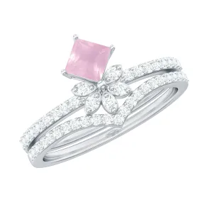 Princess Cut Rose Quartz and Diamond Flower Ring Set