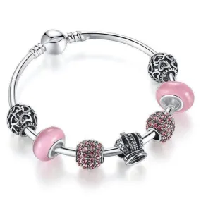 Queen of Hearts Pink Crystal Silver Bangle Bracelet for Woman