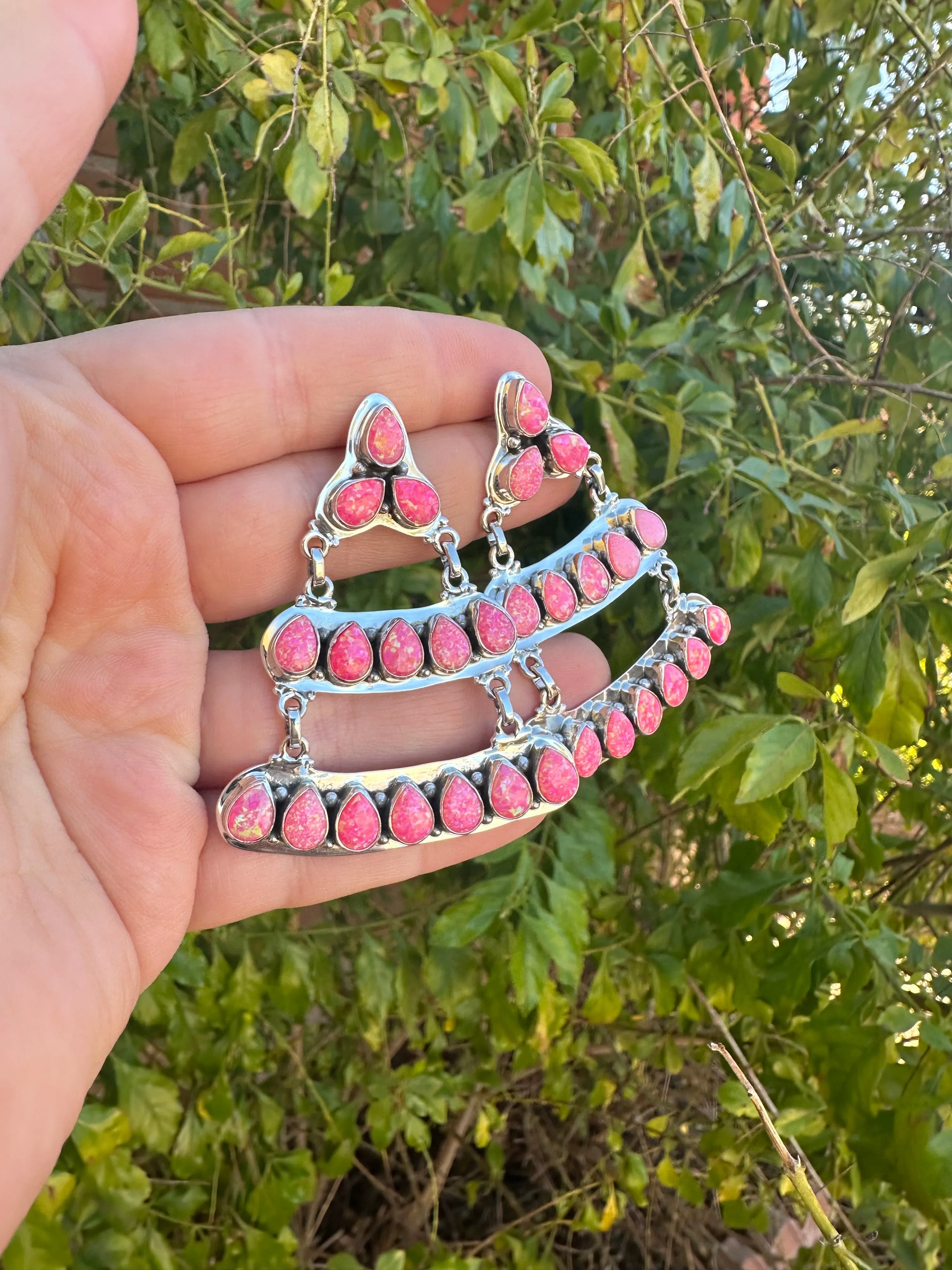 “Rodeo Roundup” Handmade Hot Pink Fire Opal And Sterling Silver Dangle Earrings Signed Nizhoni