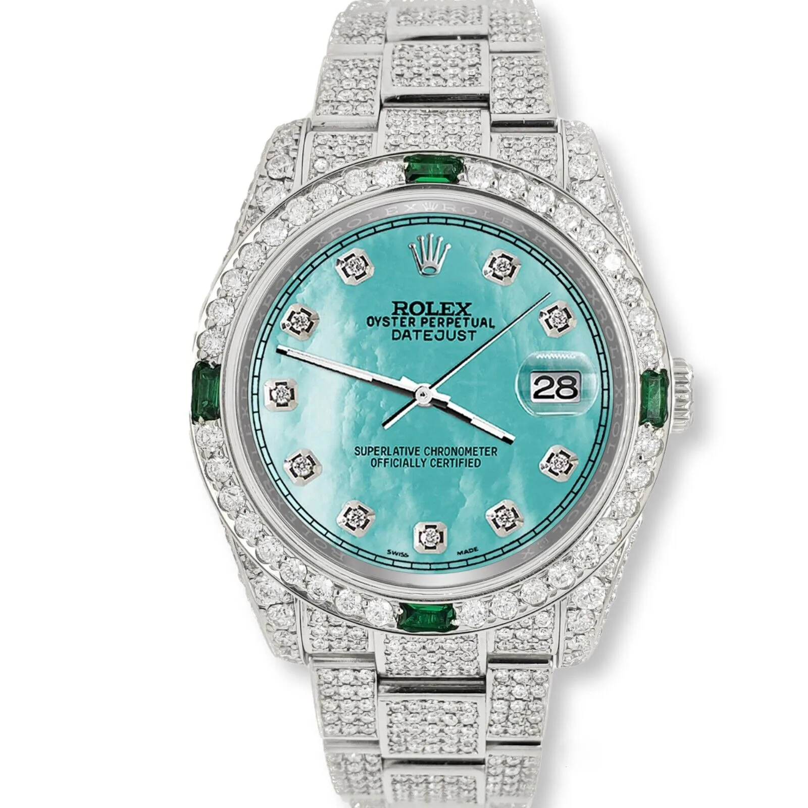 Rolex Datejust 36mm 12.4CT Diamond/Emerald Watch with Aquamarine Blue MOP Dial TFJ-142508273