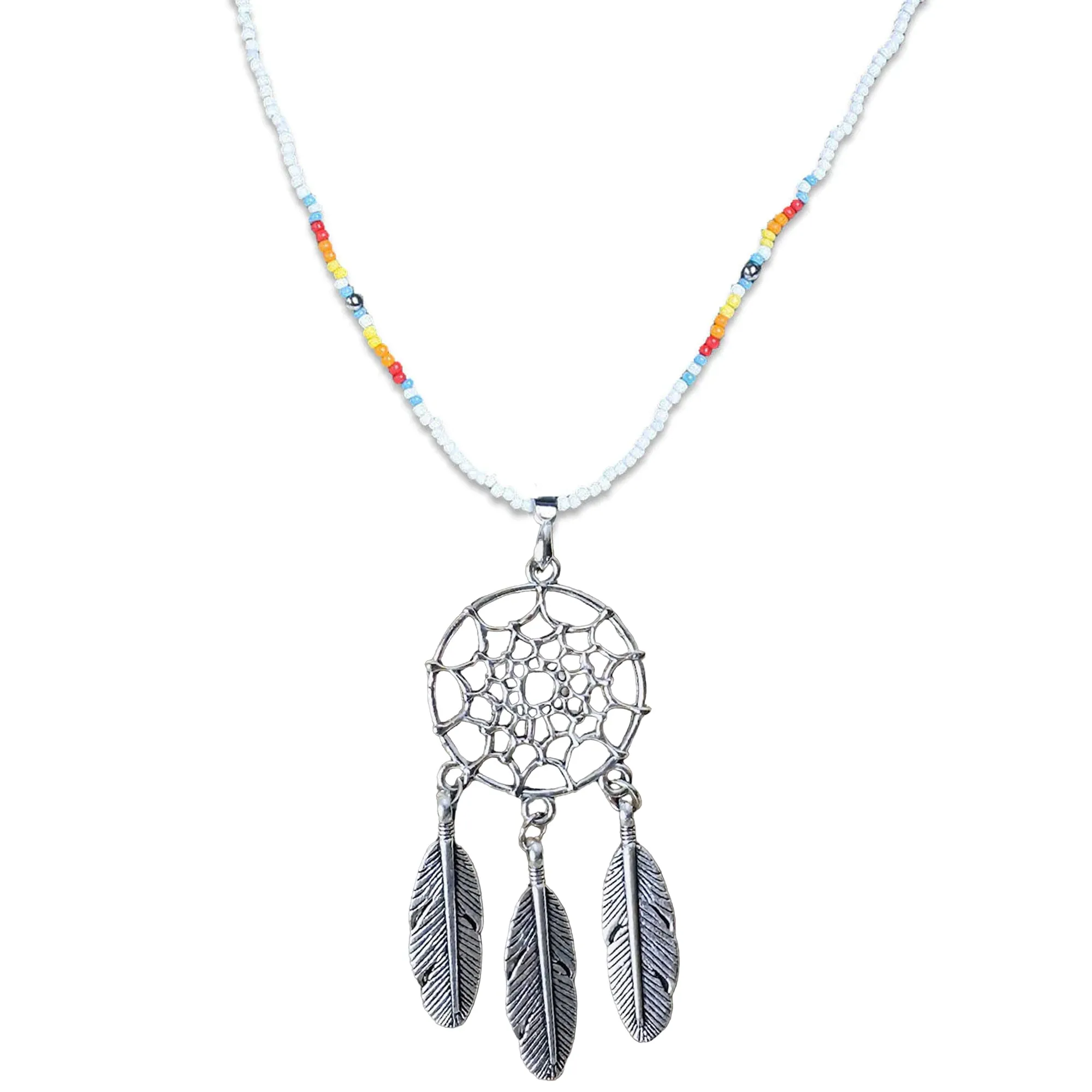 SALE 50% OFF - Long Silver Dreamcatcher White Lightning Handmade Beaded Necklace For Women With Native American Style