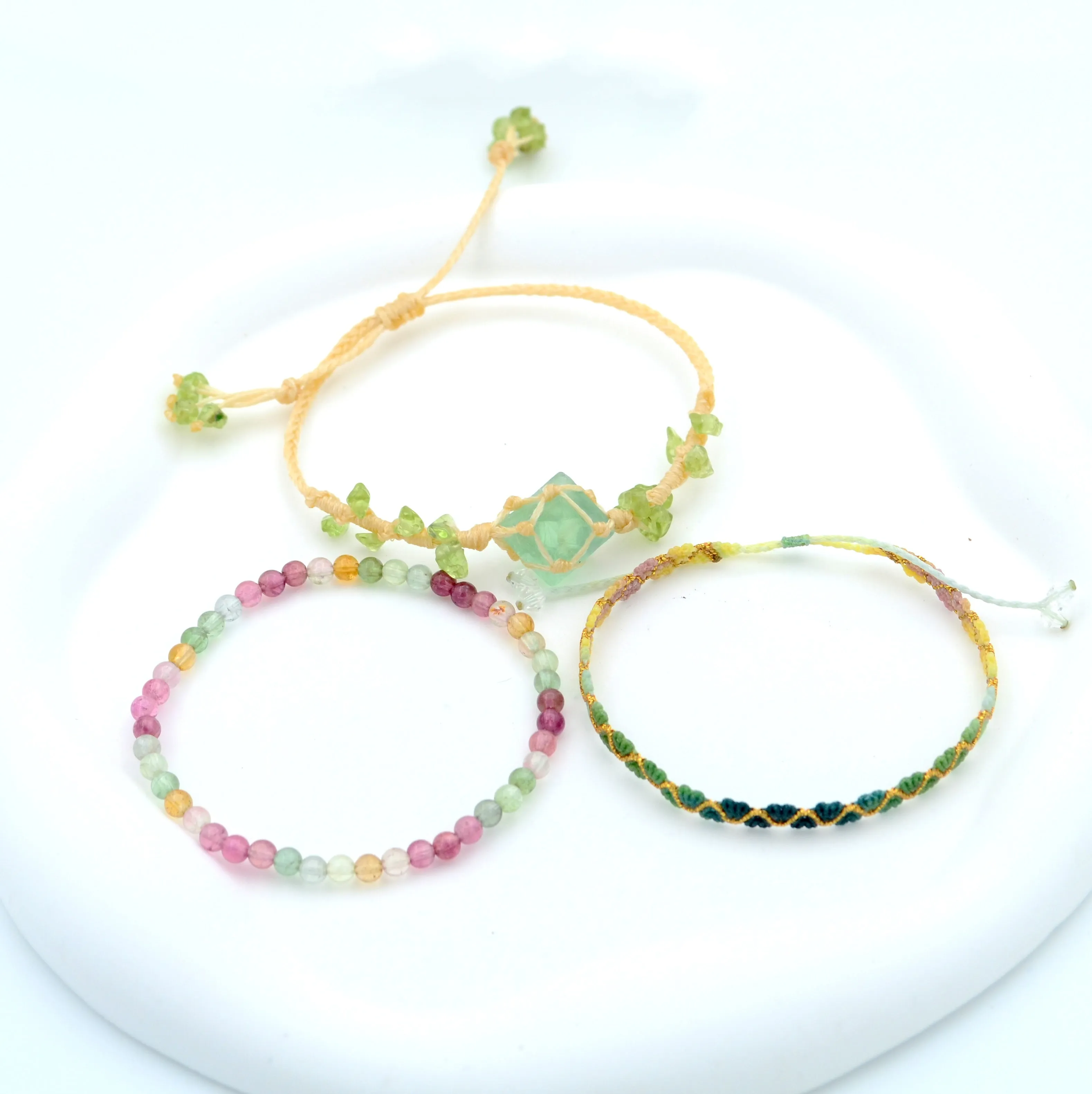 Set of Three Fluorite Gem Colorful Aquamarine Hand-Woven Bracelet