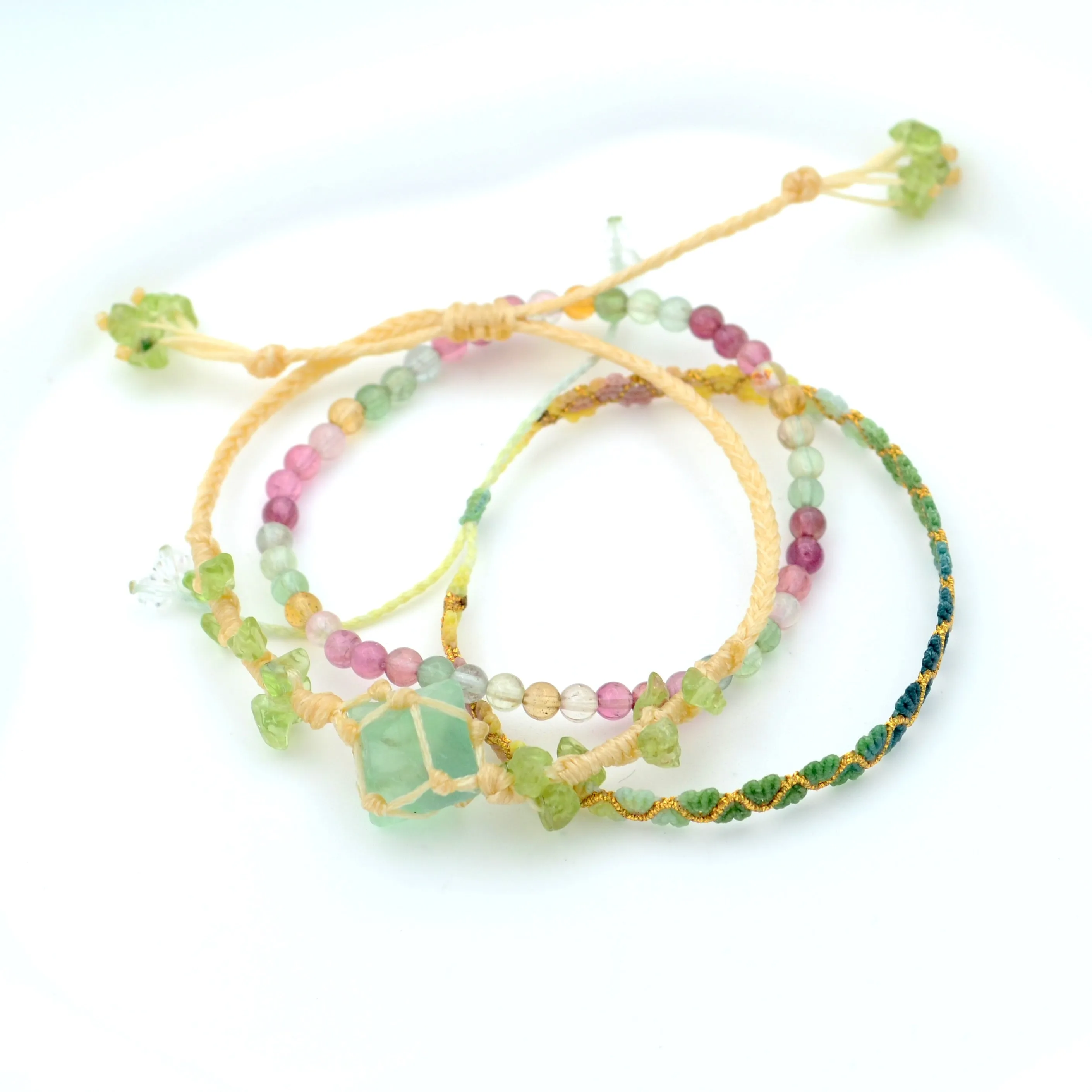 Set of Three Fluorite Gem Colorful Aquamarine Hand-Woven Bracelet