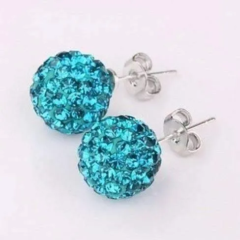 Shamballa Aqua Blue Crystals on 925 Silver Stud Earrings