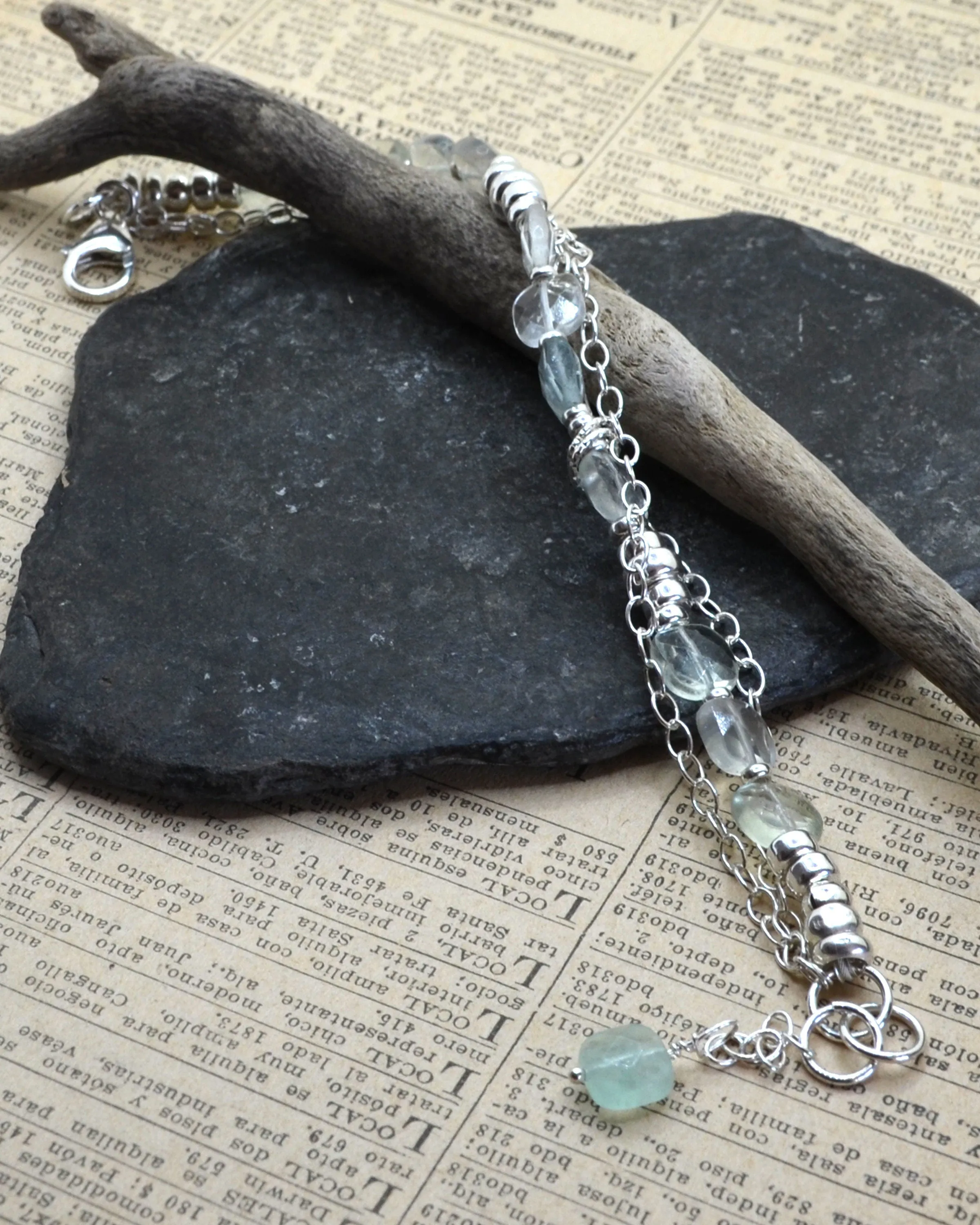 Silver and aquamarine layered bracelet, dainty stone bracelet, gift for her, march birthstone