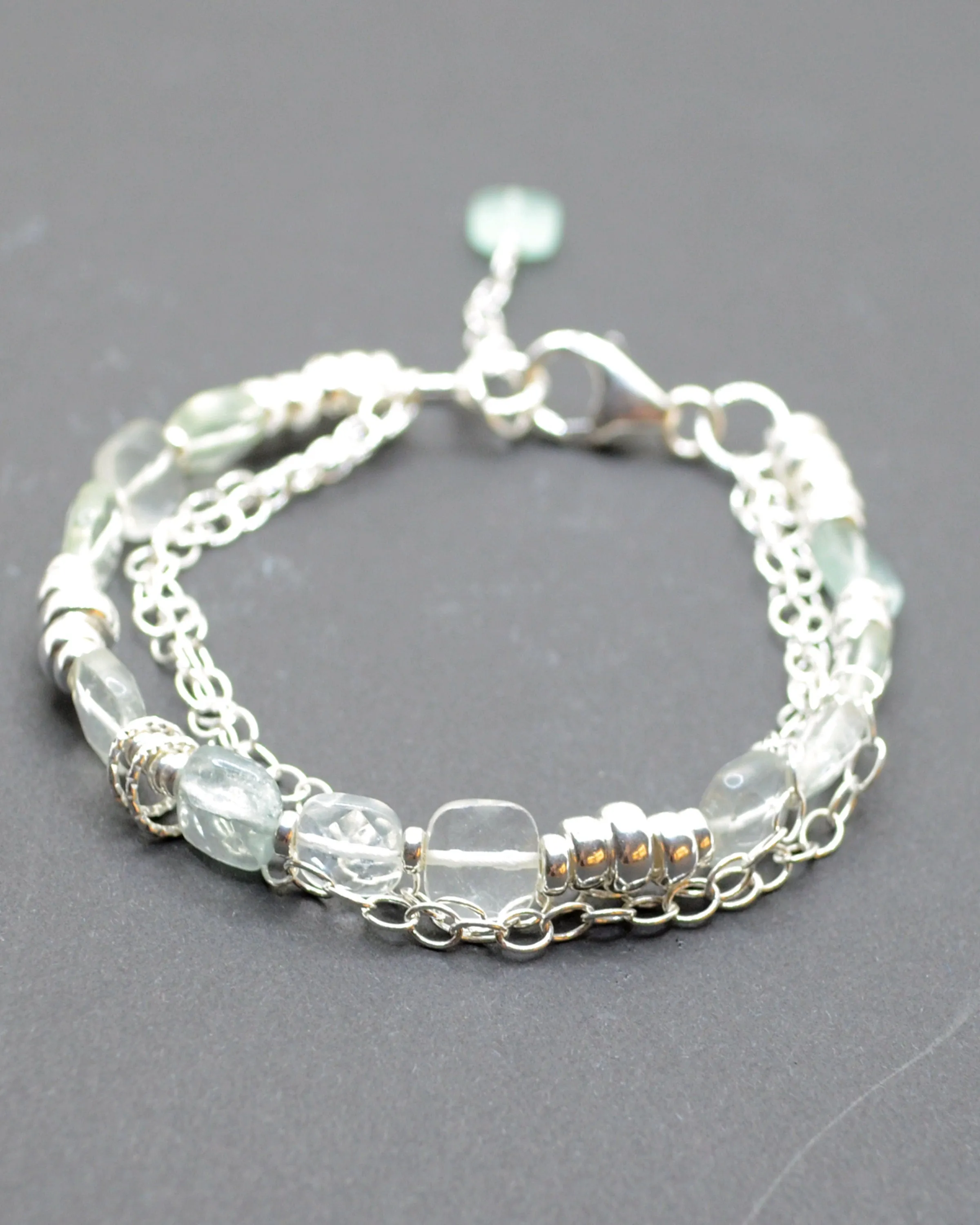 Silver and aquamarine layered bracelet, dainty stone bracelet, gift for her, march birthstone