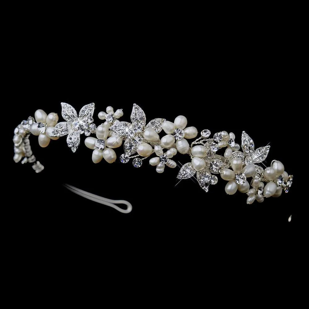 Silver Ivory Freshwater Pearl and Crystal Floral Bridal Headpiece