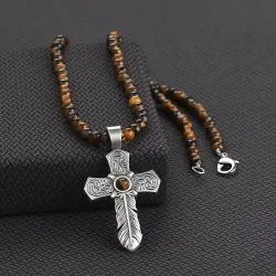 Silver Strike Men's Tiger Eye Feather Cross Silver Necklace