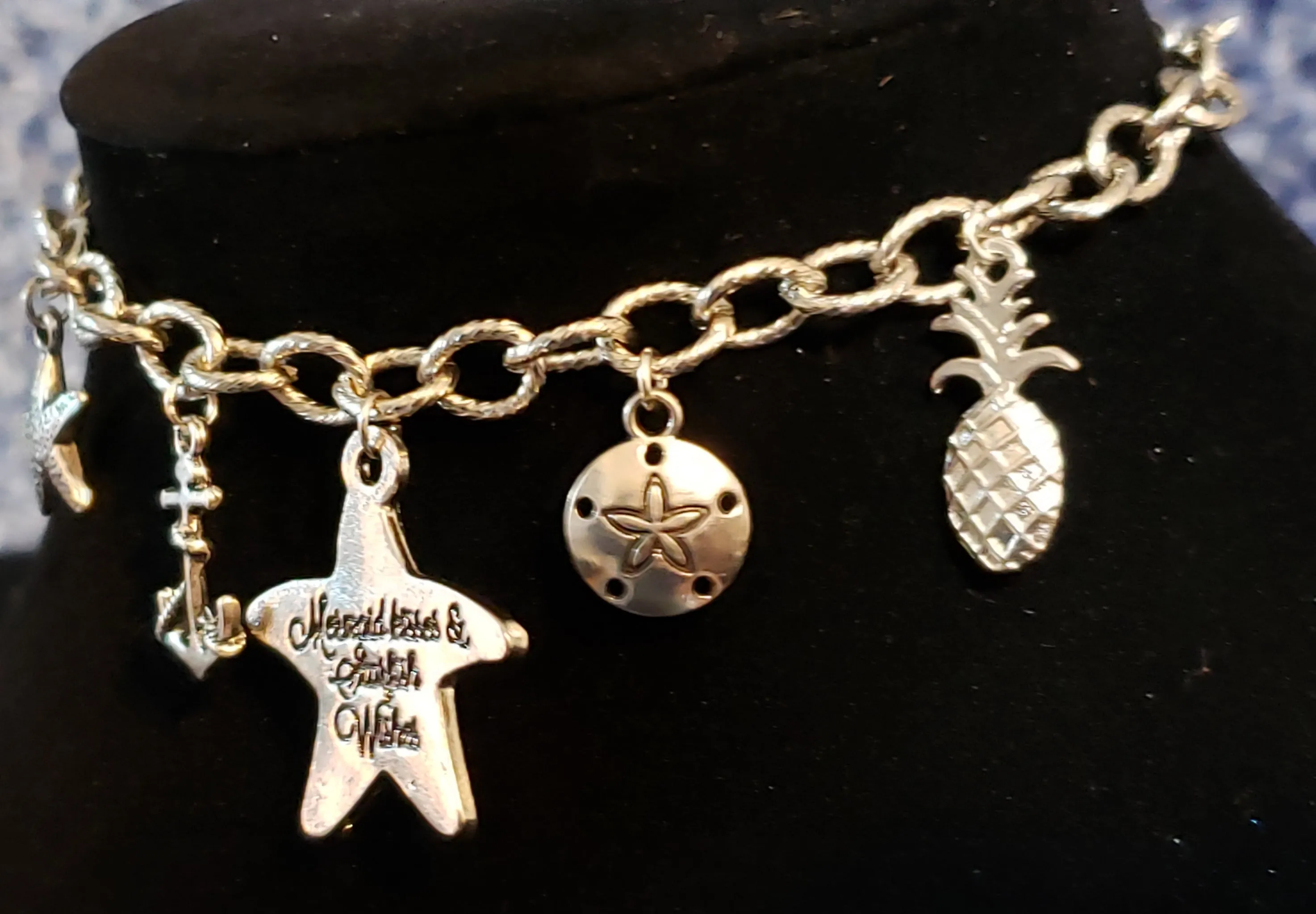 Silver Summer / Beach Themed Charm Bracelet on Stainless Steel Chain, Adjustable up to 8" with Lobster Claw Clasp 