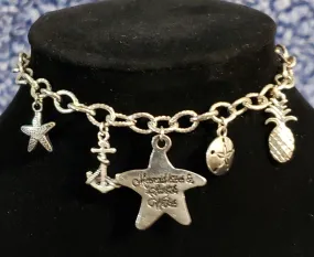 Silver Summer / Beach Themed Charm Bracelet on Stainless Steel Chain, Adjustable up to 8" with Lobster Claw Clasp 