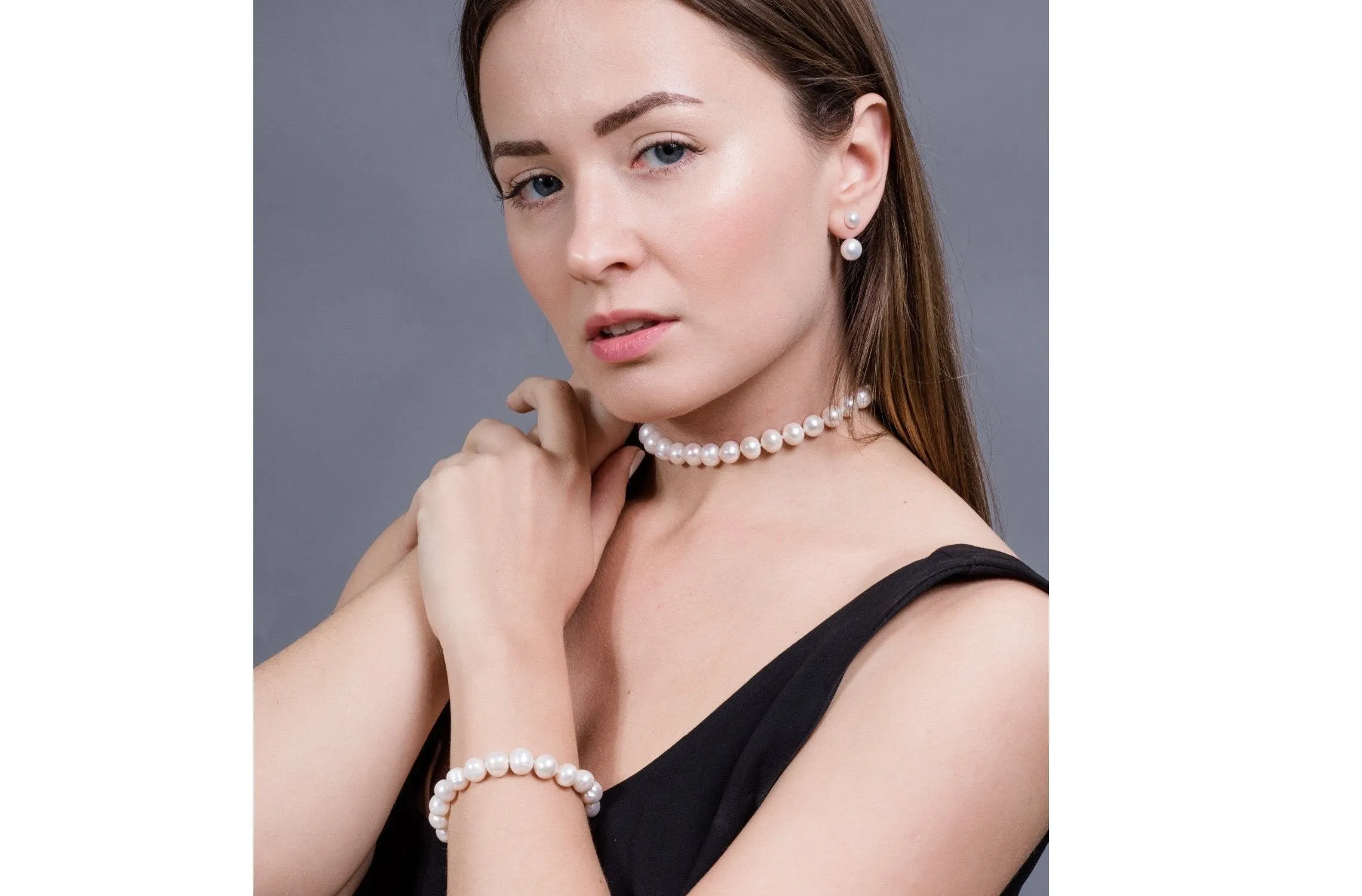 Single Strand White Freshwater Pearl Necklace and Bracelet Set 9-10mm