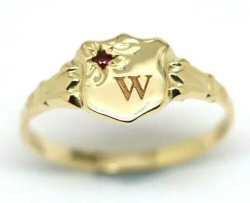 Size N Genuine 9ct Small Yellow, Rose or White Gold Childs Amethyst Shield Signet Ring   engraving of 1 initial