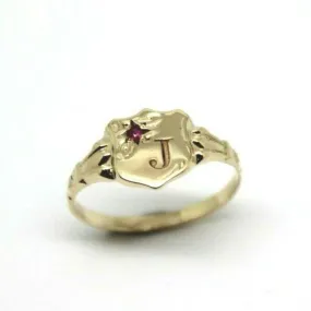 Size N Genuine 9ct Small Yellow, Rose or White Gold Childs Amethyst Shield Signet Ring   engraving of 1 initial