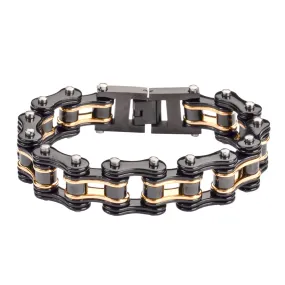 SK1155 Two Tone Black Gold 3/4" Wide Double Link Design Unisex Stainless Steel Motorcycle Chain Bracelet