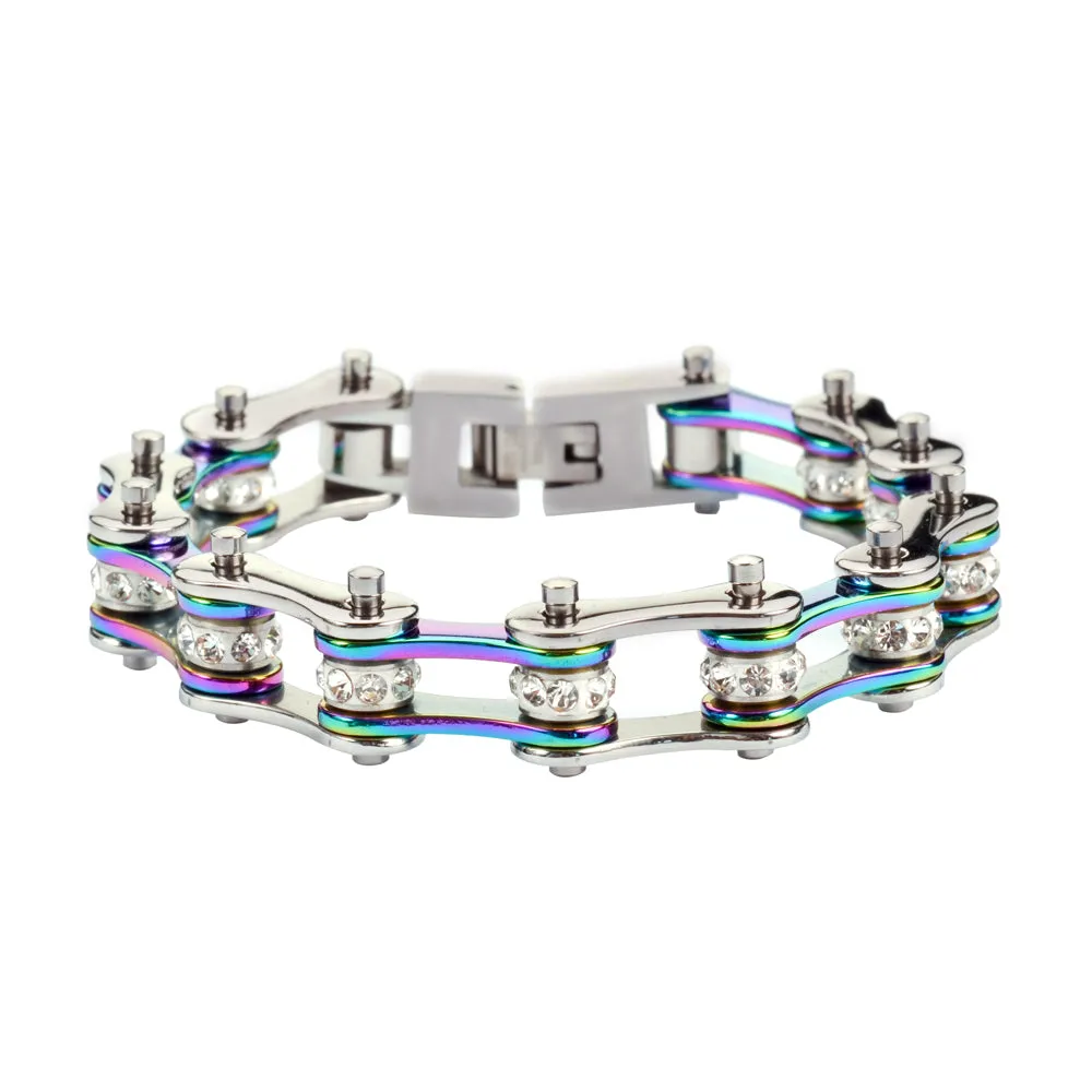 SK1207 1/2" Wide Two Tone Silver Rainbow With White Crystal Centers Stainless Steel Motorcycle Bike Chain Bracelet