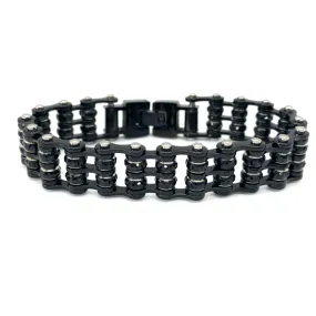 SK2801 3/4" Wide DOUBLE WIDE MINI SIZE Black with black crystal center - Stainless Steel Motorcycle Bike Chain Bracelet