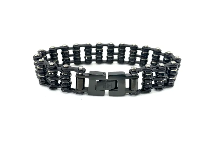 SK2801 3/4" Wide DOUBLE WIDE MINI SIZE Black with black crystal center - Stainless Steel Motorcycle Bike Chain Bracelet