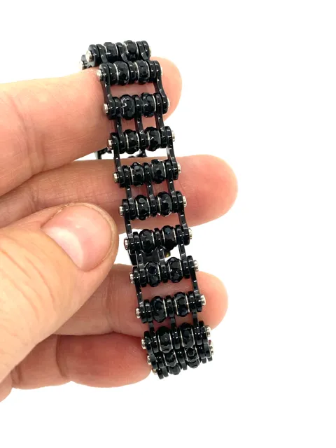 SK2801 3/4" Wide DOUBLE WIDE MINI SIZE Black with black crystal center - Stainless Steel Motorcycle Bike Chain Bracelet